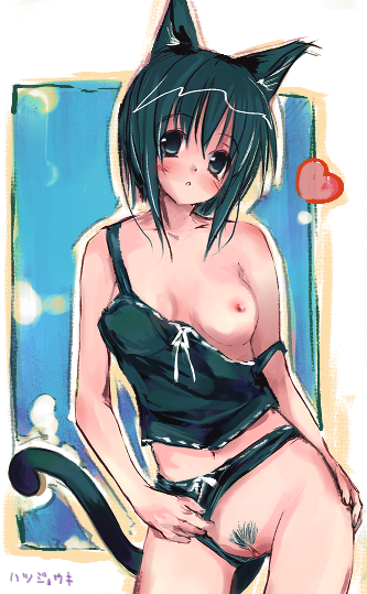 original, jpeg artifacts, 1girl, animal ears, black hair, black panties, blue eyes, blush, bow, bow panties, breasts, camisole, cat ears, clothing aside, female focus, female pubic hair, heart, lingerie, medium breasts, navel, nipples, panties, panties aside, pubic hair, pussy, short hair, solo, tail, uncensored, underwear