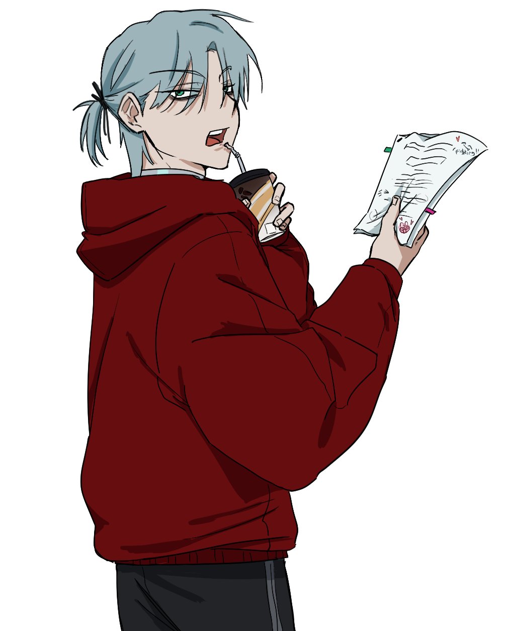 br3adhouse, till (alien stage), alien stage, commentary, highres, 1boy, cup, green eyes, grey hair, holding, holding cup, holding paper, hood, hoodie, long sleeves, male focus, open mouth, paper, ponytail, red hoodie, short hair, short ponytail, solo
