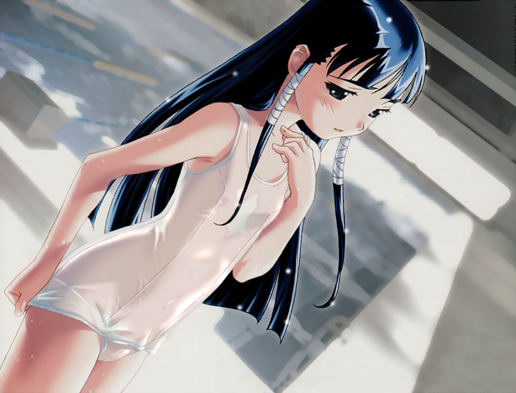 watanabe akio, yagi shizuno, missing blue, game cg, 1girl, black hair, dutch angle, female focus, one-piece swimsuit, school swimsuit, see-through clothes, see-through one-piece swimsuit, solo, swimsuit, white one-piece swimsuit, white school swimsuit