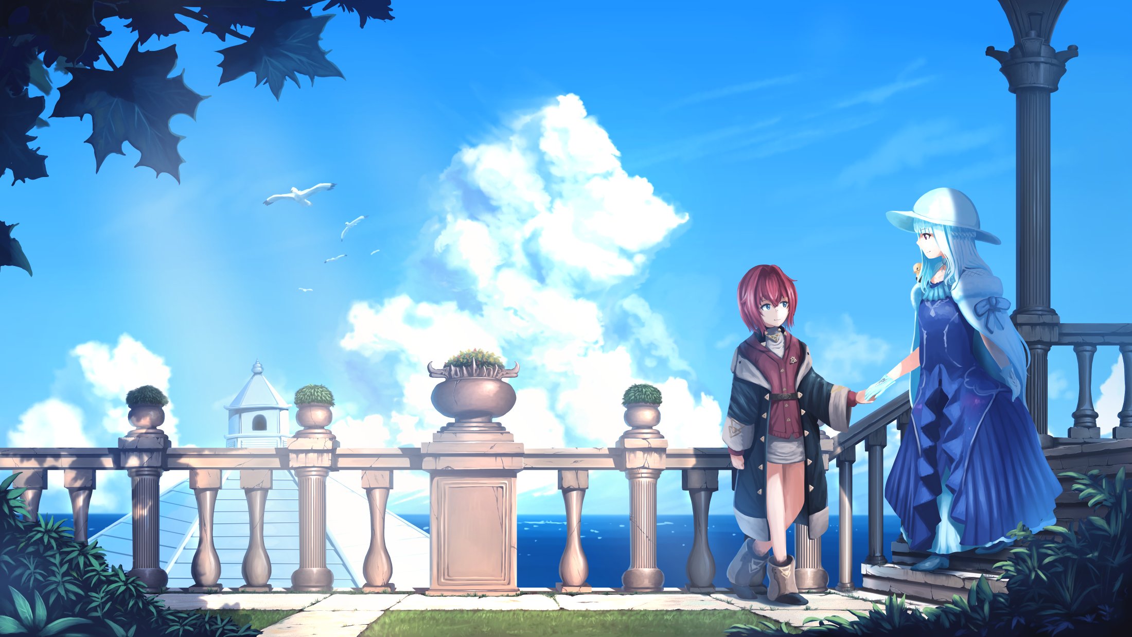 99 (hosinosensei), ange katrina, ange katrina (1st costume), lize helesta, lize helesta (3rd costume), sebastian piyodore, nijisanji, hashtag-only commentary, highres, animal, animal on shoulder, ankle boots, bird, bird on shoulder, black boots, black coat, blue dress, blue eyes, blue shoes, blue sky, boots, braid, cardigan, cloak, closed mouth, cloud, coat, cumulonimbus cloud, day, dress, eye contact, gloves, gown, hair between eyes, hair intakes, half up braid, hat, holding hands, long dress, long hair, long sleeves, looking at another, medium hair, off shoulder, outdoors, pillar, plant, potted plant, purple eyes, railing, red cardigan, red hair, seagull, shoes, short dress, sky, smile, stairs, standing, stone stairs, sun hat, virtual youtuber, walking, white cloak, white dress, white gloves, white hair, white hat, wide brim, wide shot