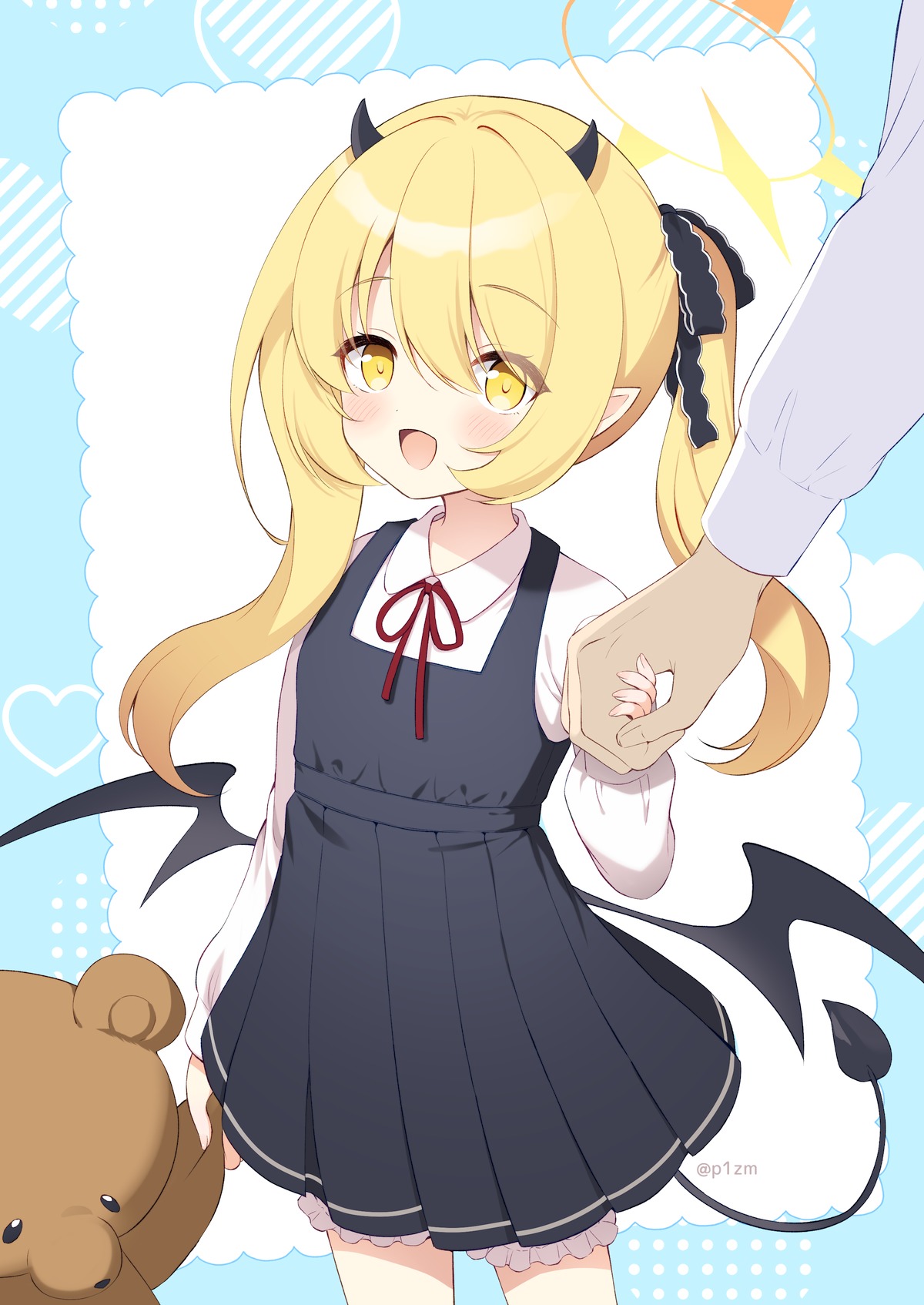 komi zumiko, ibuki (blue archive), blue archive, highres, 1girl, black dress, black horns, black tail, black wings, blonde hair, bloomers, demon horns, demon tail, demon wings, dress, halo, horns, long hair, long sleeves, open mouth, pinafore dress, shirt, sleeveless, sleeveless dress, smile, stuffed animal, stuffed toy, tail, teddy bear, underwear, white bloomers, white shirt, wings, yellow eyes, yellow halo