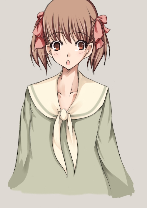 nakamura kusata, fukuzawa yumi, maria-sama ga miteru, 00s, 1girl, bad anatomy, brown hair, collarbone, female focus, looking at viewer, open mouth, poorly drawn, school uniform, serafuku, short hair, solo, twintails, upper body