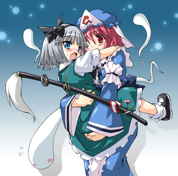 petenshi (dr. vermilion), konpaku youmu, konpaku youmu (ghost), saigyouji yuyuko, touhou, 2girls, blush, female focus, hat, hitodama, katana, multiple girls, sheath, sheathed, sword, triangular headpiece, weapon