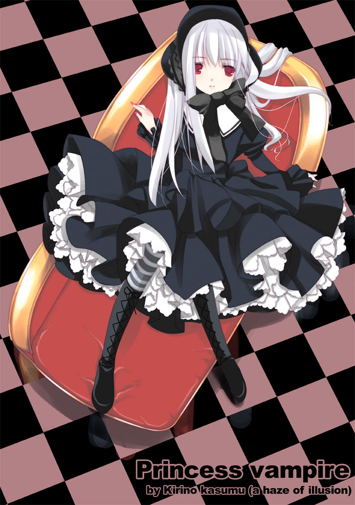 kirino kasumu, original, 1girl, albino, black dress, bonnet, boots, bow, checkered background, dress, female focus, frills, from above, goth fashion, lace-up boots, long hair, nail polish, pantyhose, pink nails, red eyes, sitting, solo, striped clothes, striped pantyhose, very long hair, white hair