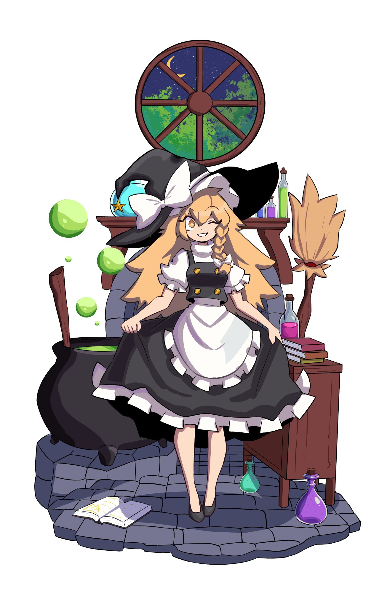 smug suriipi, kirisame marisa, touhou, highres, apron, black dress, black hat, blonde hair, book, book stack, bow, breasts, broom, brown eyes, bubble, cauldron, clothes lift, crescent moon, dress, dress lift, hat, long hair, moon, night, night sky, one eye closed, potion, shelf, sky, small breasts, star (sky), star (symbol), waist apron, white apron, white bow, witch hat