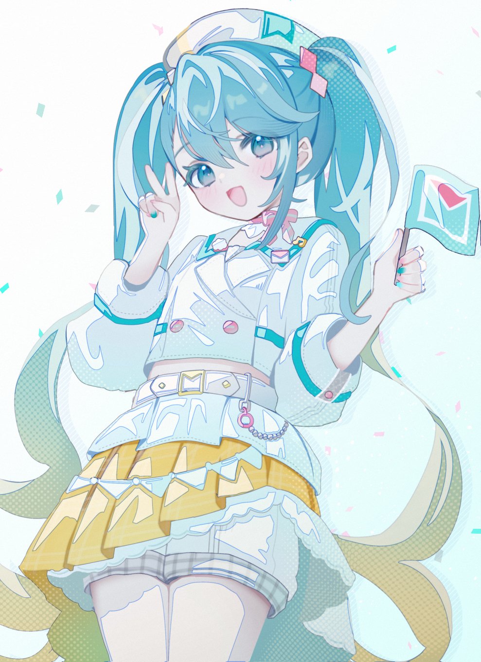 d omm, hatsune miku, magical mirai miku, magical mirai miku (2024), magical mirai (vocaloid), vocaloid, commentary, highres, 1girl, :d, belt, beret, blue eyes, blue hair, blue nails, blush, confetti, cowboy shot, crop top, flag, gradient hair, green hair, hair between eyes, hand up, hat, head tilt, holding, holding flag, layered skirt, legs together, long hair, long sleeves, looking at viewer, midriff, multicolored hair, nail polish, open mouth, pleated skirt, shirt, shorts, shorts under skirt, sidelocks, simple background, skirt, smile, solo, twintails, v, very long hair, white background, white belt, white hat, white shirt, white shorts, white skirt, yellow skirt