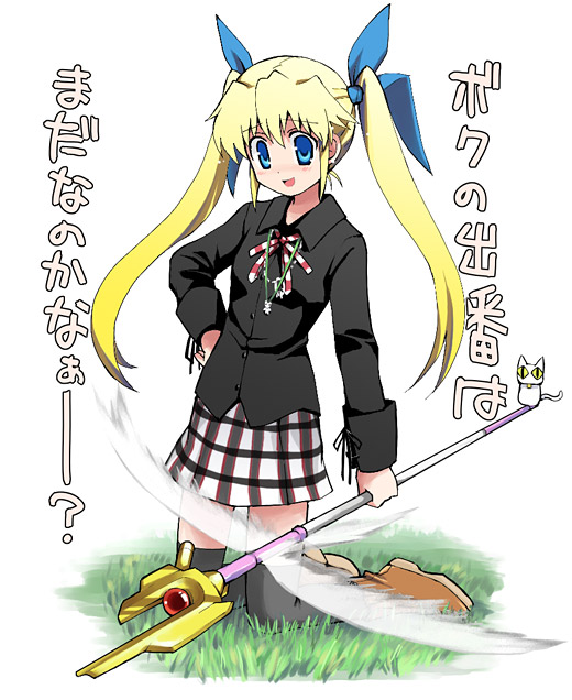yamai (lsd), raising heart, raising heart (shooting mode), tamura yukari, yoshino sakura, da capo, da capo i, lyrical nanoha, mahou shoujo lyrical nanoha, translated, 1girl, blonde hair, blue eyes, blush, borrowed weapon, bow, crossover, energy wings, female focus, hair bow, kneeling, long hair, parody, solo, staff, thighhighs, twintails, voice actor connection, wings