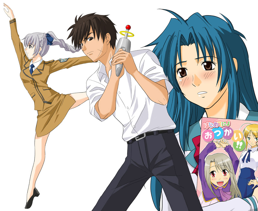 toshibou (satsukisou), artoria pendragon (fate), chidori kaname, illyasviel von einzbern, saber (fate), sagara sousuke, teletha testarossa, fate/stay night, fate (series), full metal panic!, 00s, 1boy, 2girls, crossover, energy gun, multiple girls, pencil skirt, ray gun, skirt, weapon, what