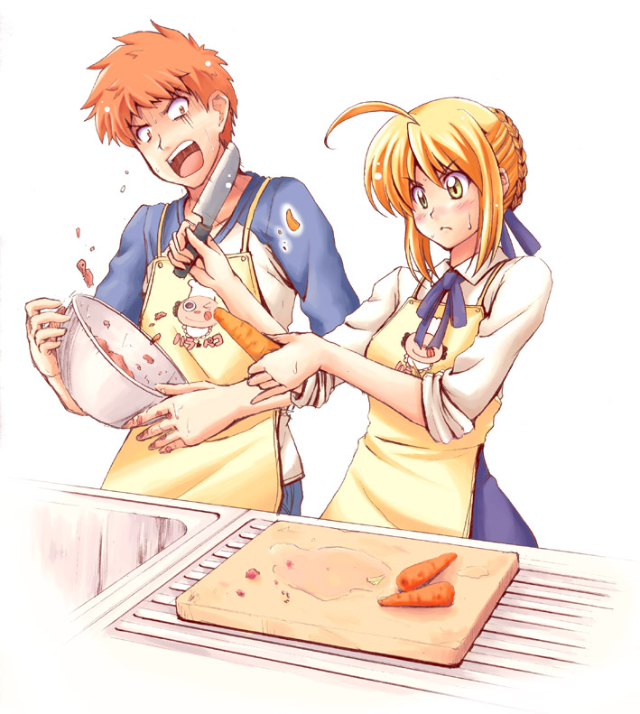 kirisawa minto, artoria pendragon (fate), emiya shirou, saber (fate), fate/stay night, fate (series), 00s, 1boy, 1girl, apron, blonde hair, blouse, cooking, green eyes, kitchen knife, knife, raglan sleeves, red hair, shirt, sleeves rolled up, sweatdrop, yellow eyes