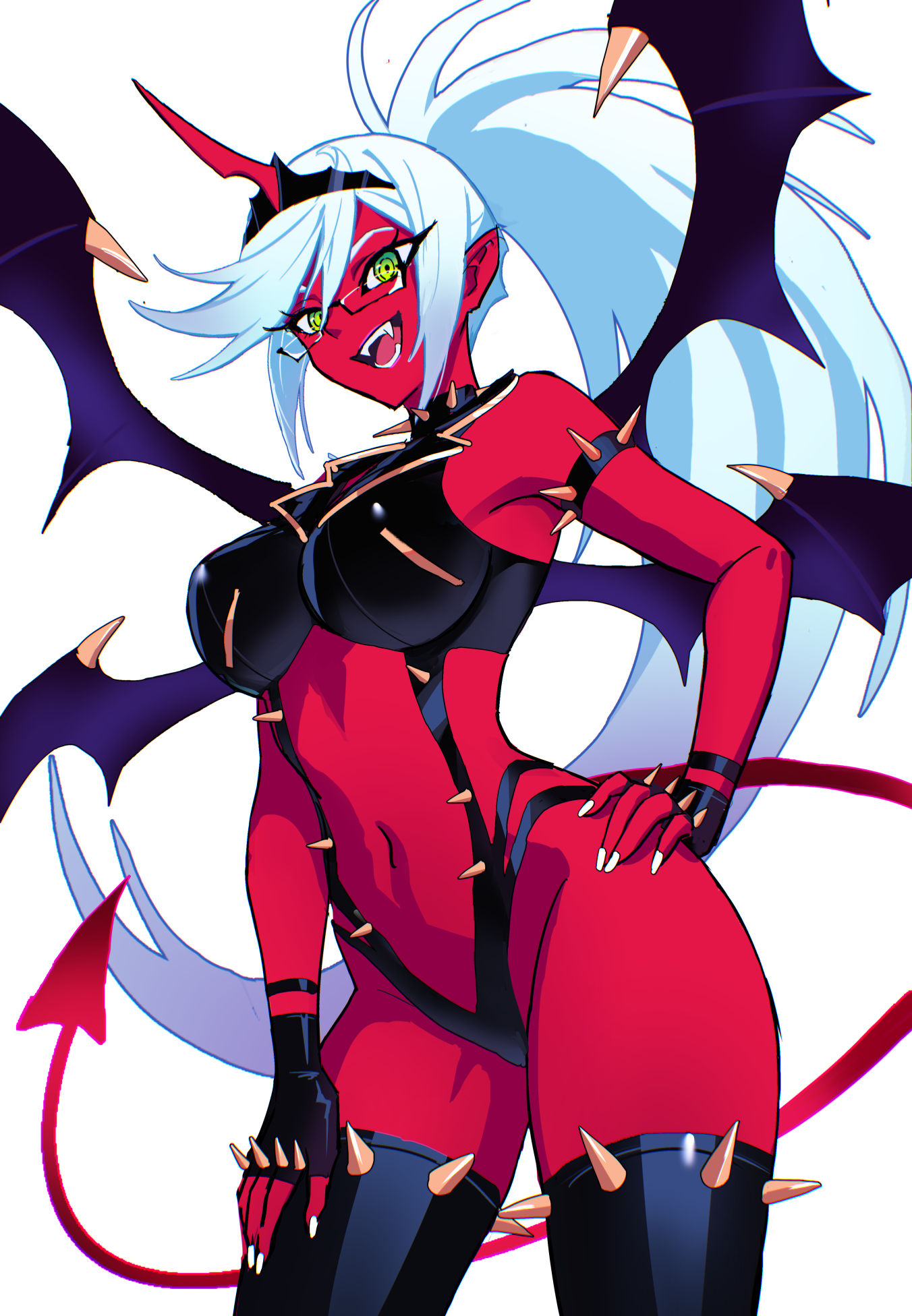 skrillex li, kneesocks (psg), panty & stocking with garterbelt, highres, 1girl, bare shoulders, black thighhighs, black wings, blue hair, breasts, collar, colored skin, demon girl, demon horns, demon tail, demon wings, fang, fingerless gloves, glasses, gloves, green eyes, horns, jewelry, large breasts, long hair, looking at viewer, low wings, pointy ears, ponytail, red skin, simple background, single horn, smile, solo, spiked collar, spiked gloves, spiked thighhighs, spikes, studded armlet, tail, thighhighs, white background, wings
