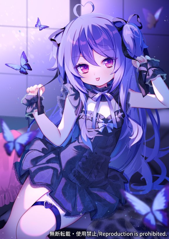 d omm, original, 1girl, :p, ahoge, black dress, black ribbon, blue butterfly, bow, bug, butterfly, dress, heart, insect, long hair, looking at viewer, purple eyes, purple hair, ribbon, sitting, sleeveless, sleeveless dress, solo, thigh strap, tongue, tongue out, two side up, virtual youtuber, wrist cuffs
