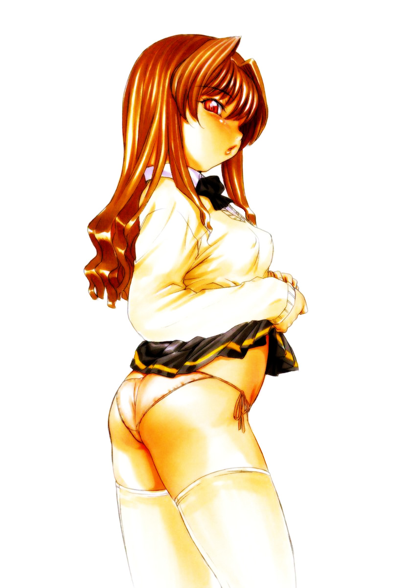 nishitsuki tsutomu, morino ichigo, onegai teacher, highres, marker (medium), mixed media, traditional media, 00s, 1girl, ass, blush, bow, bowtie, breasts, brown eyes, brown hair, clothes lift, covered erect nipples, cowboy shot, dress shirt, female focus, lifting own clothes, lips, long hair, miniskirt, panties, pink panties, pleated skirt, school uniform, serafuku, shirt, side-tie panties, skirt, skirt lift, small breasts, solo, standing, sweater, thighhighs, underwear, upskirt, white thighhighs