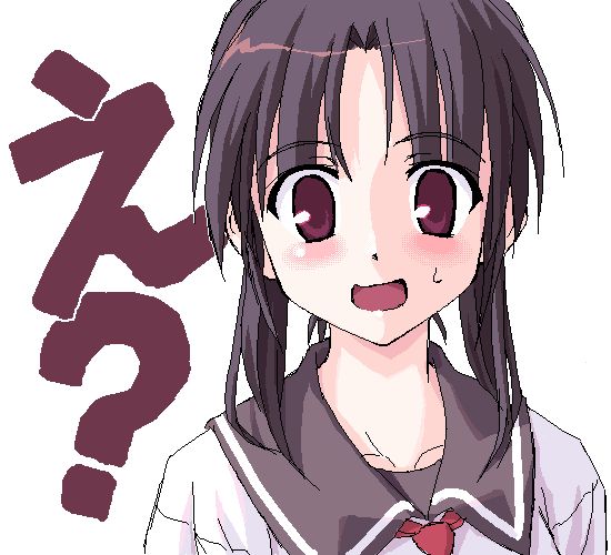 original, 1girl, blush, brown eyes, brown hair, confused, female focus, long hair, looking at viewer, necktie, oekaki, open mouth, ponytail, school uniform, serafuku, sidelocks, solo, sweat