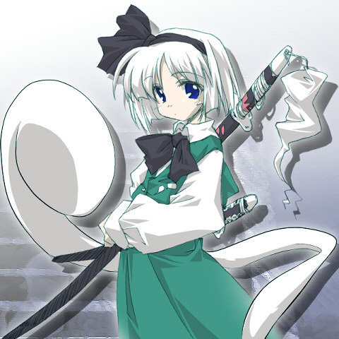 konpaku youmu, konpaku youmu (ghost), touhou, lowres, 1girl, blue eyes, bow, bowtie, dress, female focus, hairband, hitodama, katana, long sleeves, scabbard, sheath, short hair, solo, sword, tassel, vest, weapon, white hair