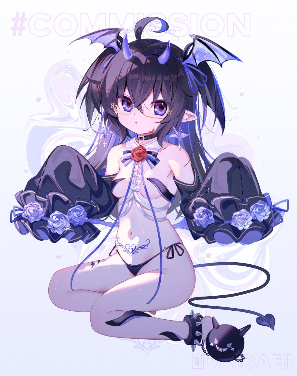 d omm, original, commission, highres, skeb commission, 1girl, ahoge, bare shoulders, barefoot, black hair, black panties, black sleeves, blue eyes, breasts, choker, demon girl, demon horns, demon tail, demon wings, detached sleeves, flower, full body, glasses, hair between eyes, head wings, horns, long hair, long sleeves, looking at viewer, navel, panties, parted lips, pointy ears, pubic tattoo, purple eyes, ribbon, rose, side-tie panties, simple background, sitting, sleeves past fingers, sleeves past wrists, small breasts, solo, tail, tattoo, two side up, underwear, very long hair, white background, wings