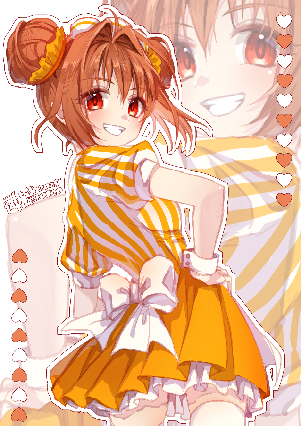 willfin, estelle bright, eiyuu densetsu, sora no kiseki, highres, 1girl, ahoge, antenna hair, artist name, back bow, bob cut, bow, brown hair, dated, double bun, floating hair, grin, hair bun, hair intakes, heart, looking at viewer, red eyes, shirt, short hair, short sleeves, skirt, smile, solo, striped clothes, striped shirt, upper body, waitress, white bow
