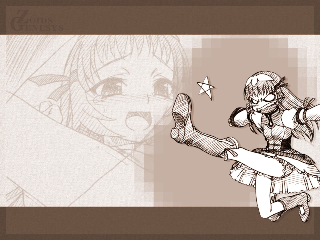 mekongdelta, route39, re mii, zoids, zoids genesis, 00s, 1girl, female focus, kicking, monochrome, solo