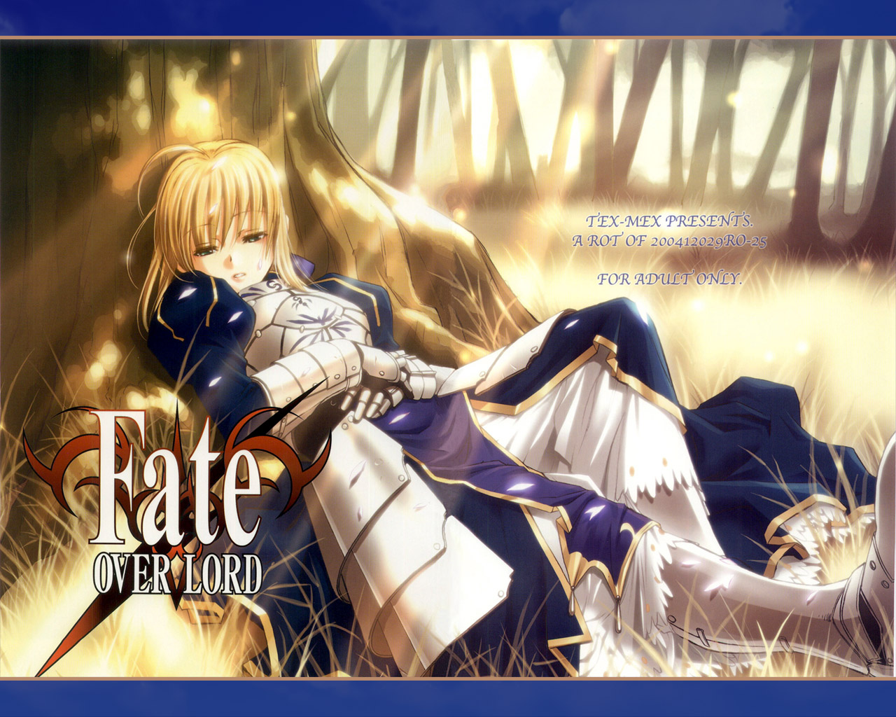 hiroe rei, artoria pendragon (fate), saber (fate), fate/stay night, fate (series), 00s, 1girl, armor, armored dress, blonde hair, dress, female focus, gauntlets, green eyes, hair ribbon, outdoors, ribbon, sleepy, solo, tree