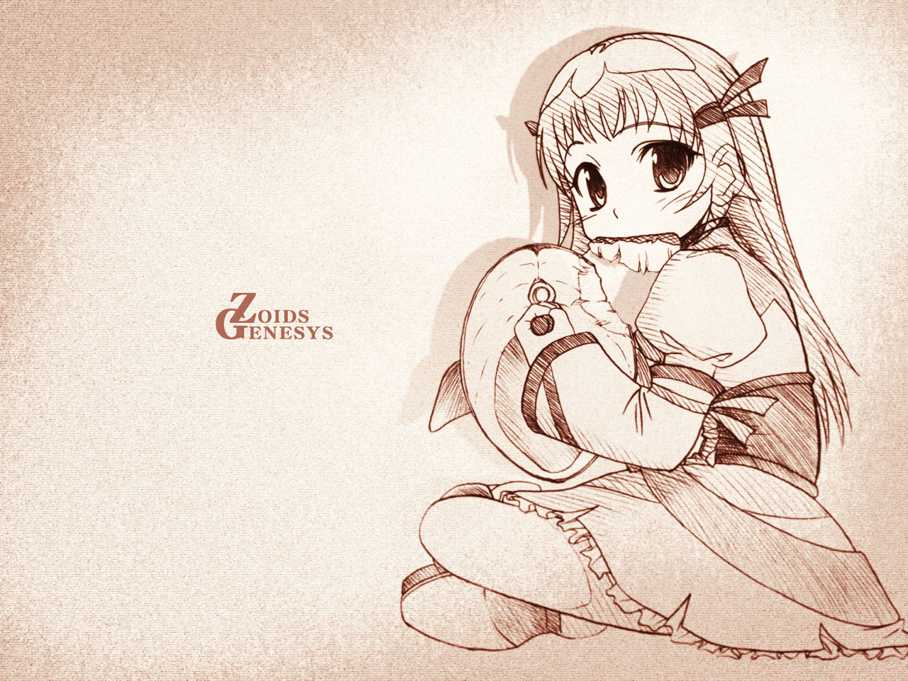 mekongdelta, re mii, zoids, zoids genesis, beige background, 00s, 1girl, blush, copyright name, dress, eating, female focus, food, indian style, long hair, long sleeves, looking at viewer, monochrome, puffy long sleeves, puffy sleeves, ribbon, sash, silhouette, simple background, sitting, solo, very long hair