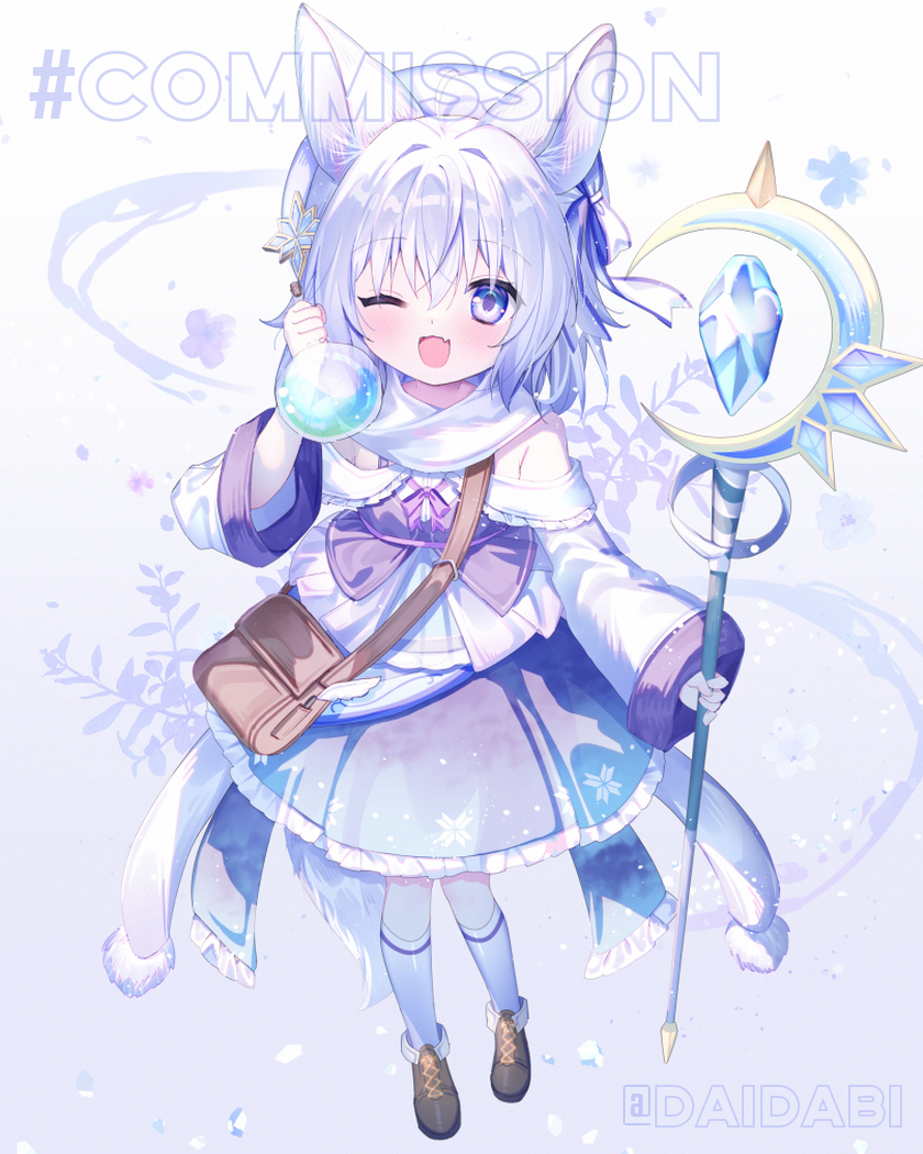 d omm, original, commission, skeb commission, 1girl, ;d, animal ears, bag, blue eyes, fang, full body, holding, one eye closed, open mouth, scarf, short hair, shoulder bag, skin fang, smile, socks, solo, staff, tail, watermark, white hair, white socks