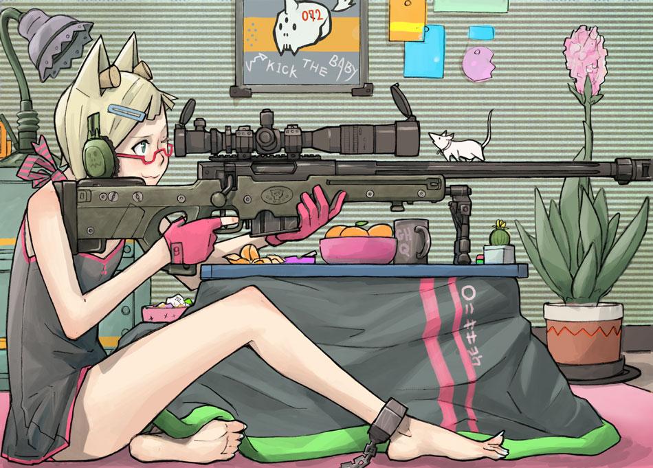 negishi hideto, original, 1girl, animal ears, bottomless, cat ears, flat chest, glasses, gun, indoors, mouse (animal), on floor, short hair, sitting, wavy mouth, weapon