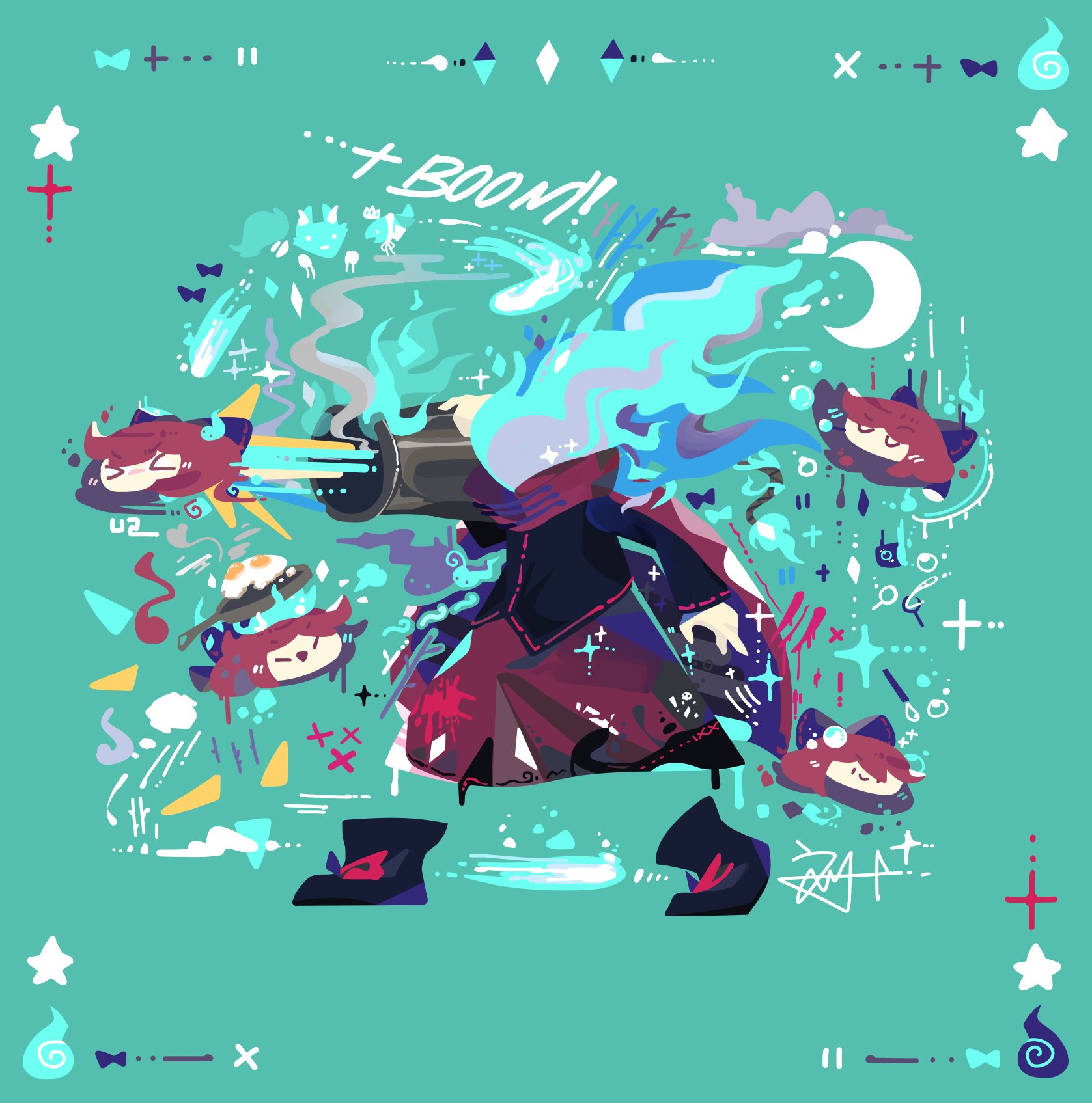 thatpebble, sekibanki, touhou, highres, > <, blue background, blue fire, bow, cannon, cape, closed eyes, cooking, crescent moon, disembodied head, egg, fire, flat color, floating, fried egg, frying pan, hair bow, headless, holding cannon, long sleeves, moon, no lineart, red cape, red eyes, red hair, short hair, two-tone cape