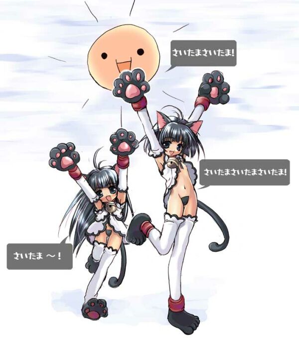 kouguchi moto, saitama, 2channel, original, resized, translation request, 2girls, animal ears, bell, cat ears, cat girl, female focus, flat chest, jingle bell, loli, maebari, multiple girls, nipples, open clothes, open shirt, outdoors, saitama (ascii art), shirt, sky, thighhighs, white background