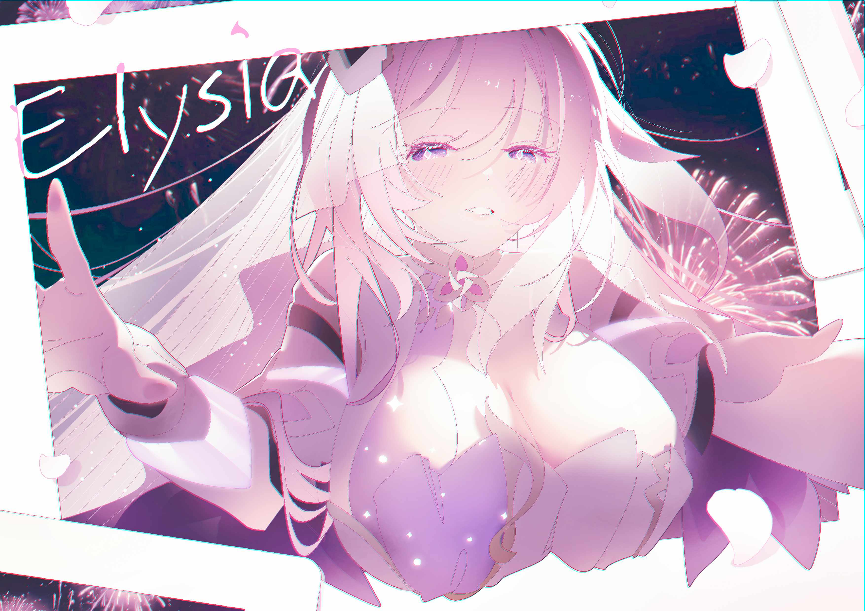 esther 412, elysia (herrscher of human: ego) (honkai impact), elysia (honkai impact), honkai (series), honkai impact 3rd, absurdres, commentary request, highres, 1girl, breasts, character name, cleavage, corset, diamond-shaped pupils, diamond (shape), large breasts, long hair, looking at viewer, pink hair, pink theme, purple eyes, solo, symbol-shaped pupils, upper body, veil, very long hair, white corset, white veil