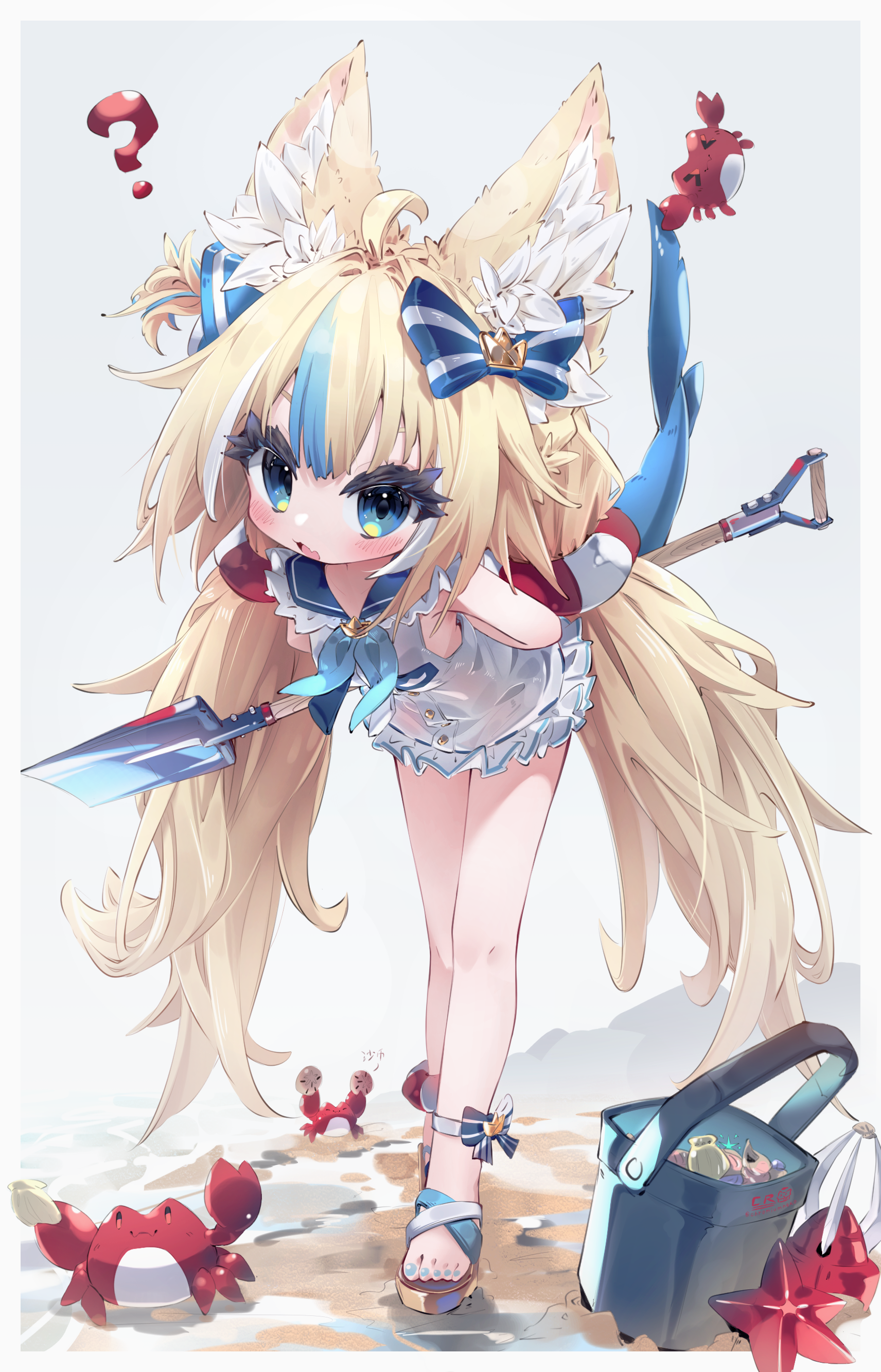 mr.turtle head, sameko saba, indie virtual youtuber, absurdres, commentary, highres, 1girl, animal ear fluff, animal ears, blonde hair, blue eyes, blue hair, crab, long hair, sandals, tail, virtual youtuber, weapon