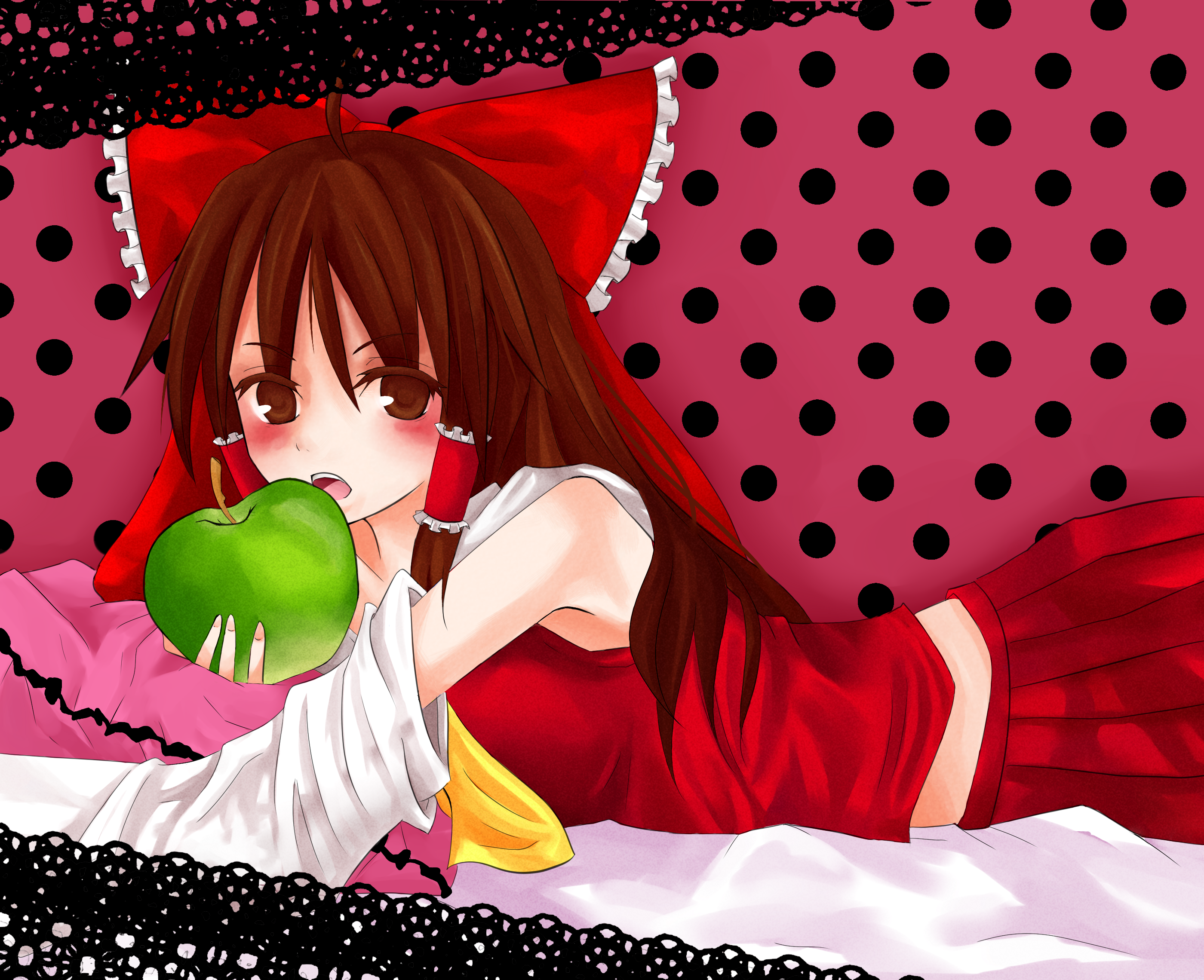 haiyun, hakurei reimu, original, romeo to cinderella (vocaloid), touhou, highres, 1girl, apple, ascot, bad apple!!, bow, detached sleeves, food, frilled bow, frilled hair tubes, frills, fruit, hair bow, hair ornament, hair tubes, looking at viewer, parody, red bow, red skirt, ribbon-trimmed sleeves, ribbon trim, skirt, skirt set, solo, yellow ascot