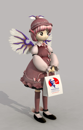 shiobi (studiosiobi), colonel sanders, mystia lorelei, kfc, touhou, lowres, 1girl, 3d, animal ears, bird, brown eyes, brown socks, chicken, dress, female focus, grey background, hat, kneehighs, parody, pink hair, short hair, simple background, socks, solo, standing, style parody, wings, zun (style)