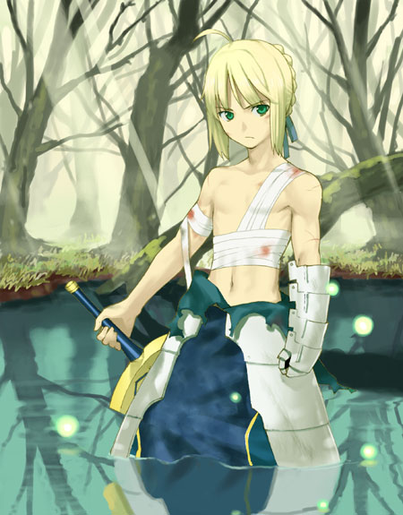 takenashi eri, artoria pendragon (fate), saber (fate), fate/stay night, fate (series), 00s, 1boy, androgynous, armor, bandages, blonde hair, blood, excalibur (fate/stay night), genderswap, genderswap (ftm), green eyes, injury, male focus, nature, recursive genderswap, solo, sword, topless male, wading, water, weapon