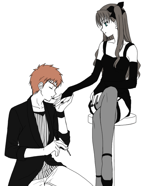boribeya, emiya shirou, tohsaka rin, fate/stay night, fate (series), 00s, 1boy, 1girl, aqua eyes, black hair, black thighhighs, bow, bridal gauntlets, crossed legs, elbow gloves, garter straps, gloves, goth fashion, greyscale, hair bow, hair ribbon, hetero, kiss, kissing hand, long hair, long legs, long sleeves, monochrome, nail polish, ribbon, simple background, sitting, spot color, thighhighs, twintails, white background, zettai ryouiki