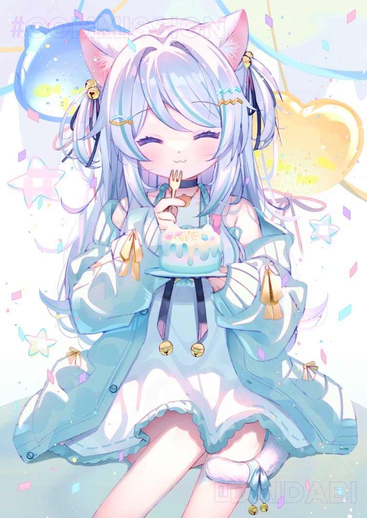 d omm, indie virtual youtuber, commentary request, second-party source, 1girl, :d, ^ ^, animal ear fluff, animal ears, aqua hair, bell, black choker, blue cardigan, cake, cardigan, cat ears, cat girl, cat tail, choker, closed eyes, dress, facing viewer, food, fork, frilled dress, frills, grey hair, hair bell, hair ornament, long hair, long sleeves, multicolored hair, nekono shiyu, off shoulder, open cardigan, open clothes, open mouth, plate, sitting, sleeveless, sleeveless dress, smile, streaked hair, tail, two side up, virtual youtuber, white dress, white hair