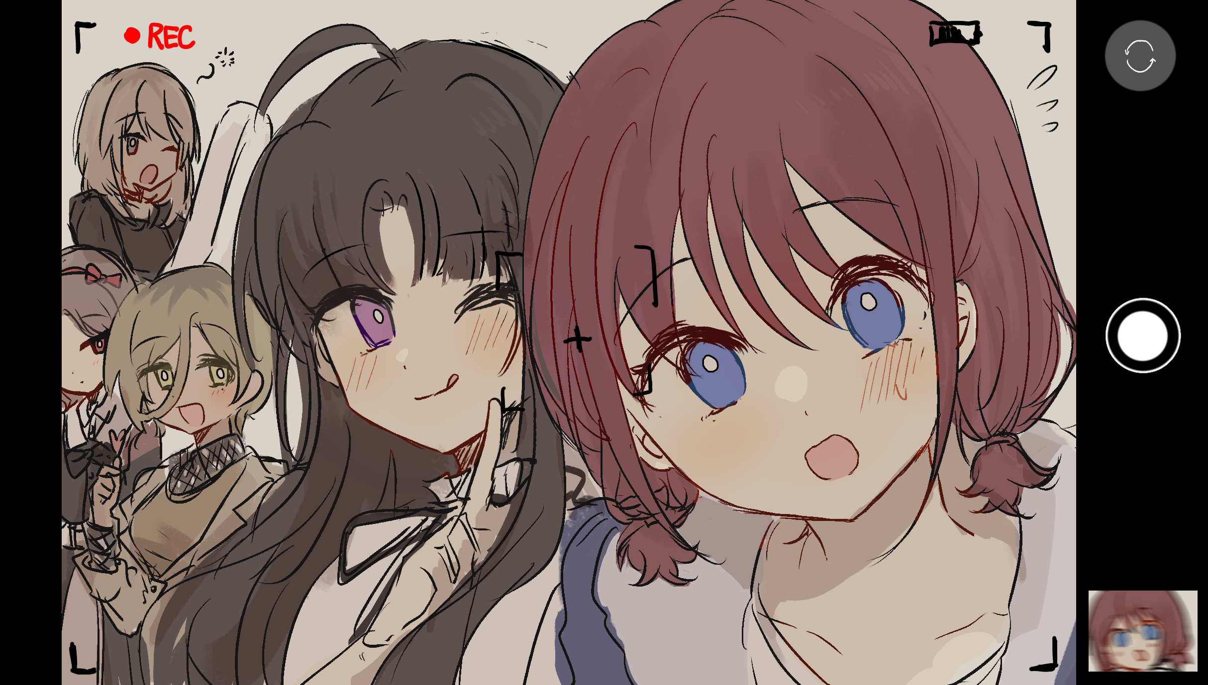 achadtea, awa subaru, ebizuka tomo, iseri nina, kawaragi momoka, rupa (girls band cry), girls band cry, chinese commentary, commentary request, highres, 5girls, black hair, blue eyes, blush, brown hair, flying sweatdrops, grey eyes, grey hair, index finger raised, licking lips, long hair, multicolored hair, multiple girls, one eye closed, open mouth, pink eyes, purple eyes, red hair, roots (hair), selfie, short twintails, smile, squeans, togenashi togeari, tongue, tongue out, twintails