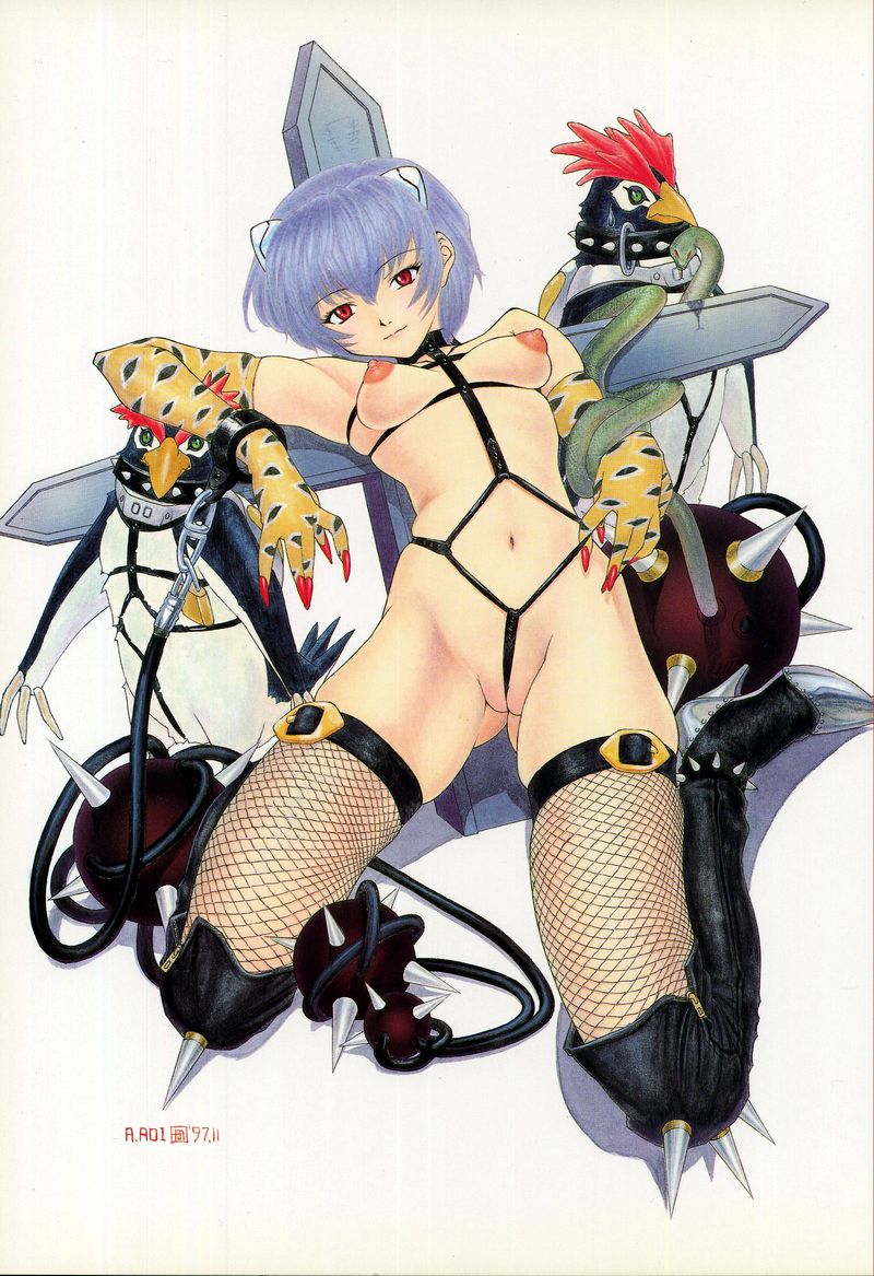 asanagi aoi, ayanami rei, penpen, neon genesis evangelion, 1girl, bdsm, between labia, bird, blue hair, bondage, bound, breasts, cleft of venus, cross, crotch rope, cuffs, elbow gloves, female focus, fishnet thighhighs, fishnets, gloves, looking at viewer, medium breasts, nipples, nude, penguin, pussy, red eyes, shackles, short hair, simple background, smile, snake, solo, thighhighs, uncensored, white background
