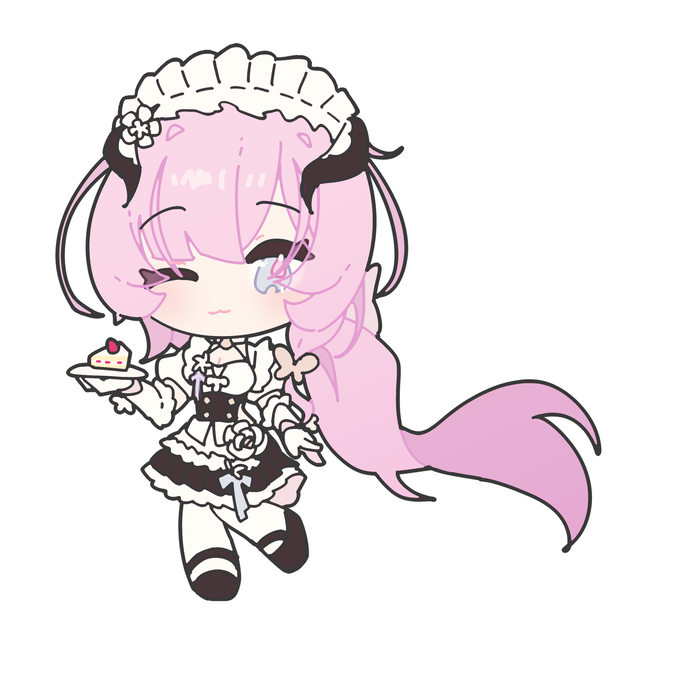 esther 412, elysia (honkai impact), elysia (miss pink) (honkai impact), elysia (miss pink elf) (honkai impact), honkai (series), honkai impact 3rd, commentary request, highres, 1girl, ;), apron, black dress, butterfly hair ornament, cake, chibi, chibi only, dress, fake horns, food, hair ornament, holding, holding plate, horns, long hair, looking at viewer, maid, maid apron, official alternate costume, one eye closed, pink hair, plate, smile, solo, strawberry shortcake, thighhighs, transparent background, very long hair, white apron, white thighhighs