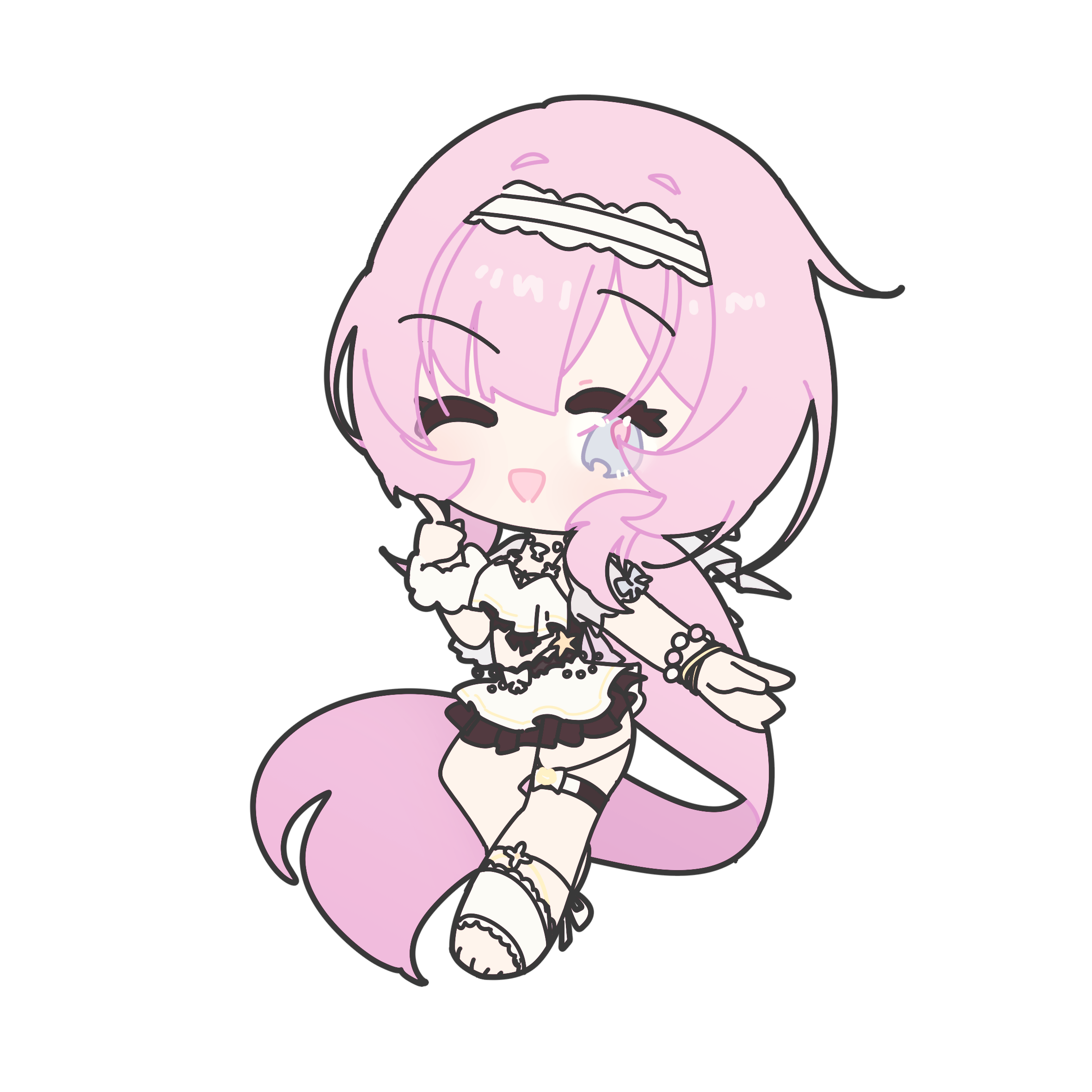 esther 412, elysia (honkai impact), elysia (miss pink elf) (honkai impact), elysia (summer miss elf) (honkai impact), honkai (series), honkai impact 3rd, commentary request, highres, 1girl, ;o, bikini, bikini skirt, blue eyes, bracelet, chibi, chibi only, hairband, jewelry, long hair, official alternate costume, one eye closed, pink hair, sandals, solo, swimsuit, toes, very long hair, white bikini, white hairband