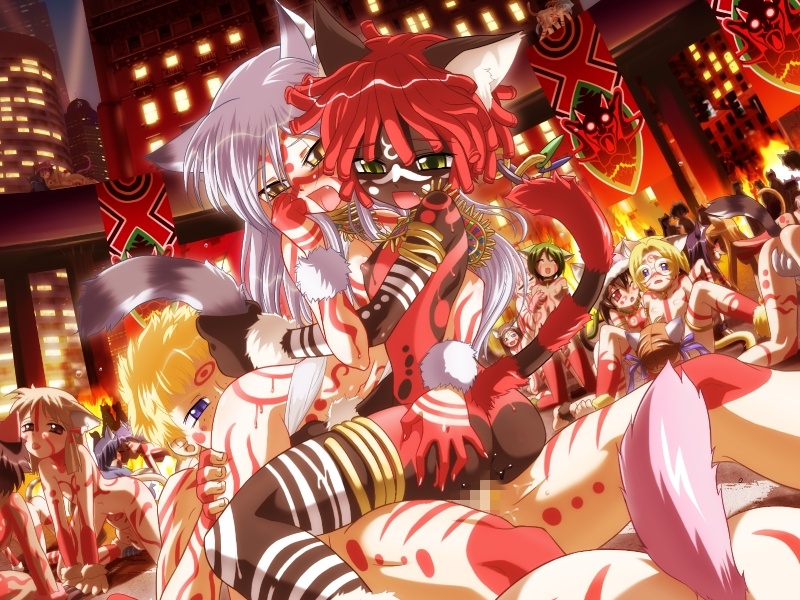 koume keito, filho rossi, foxbat (cannonball), nacha leavy muses, cannonball ~neko neko machine mou-race!~, liarsoft, silver hair, game cg, 1boy, 6+girls, animal ears, blonde hair, bodypaint, breasts, cat ears, cat tail, censored, city, dark-skinned female, dark skin, dreadlocks, flat chest, group sex, harem, hetero, loli, mosaic censoring, multiple girls, nipples, nude, orgy, penis, red eyes, sex, small breasts, tail, tattoo, topless female, tribal, vaginal