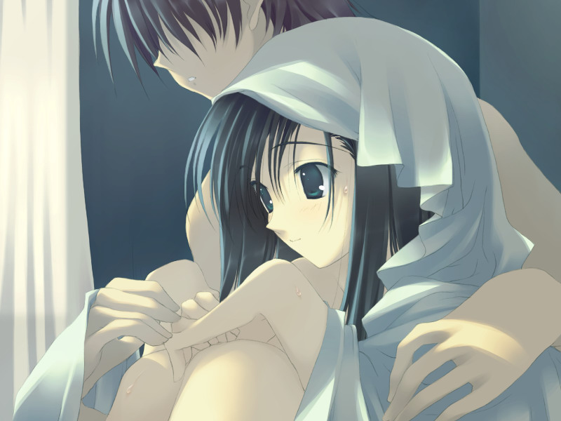mitsumi misato, sakaki shinobu, tenshi no inai 12-gatsu, game cg, 1boy, 1girl, bed sheet, blue eyes, blue hair, blush, curtains, faceless, faceless male, hands on own knees, hetero, hug, hug from behind, knees to chest, smile, sweatdrop