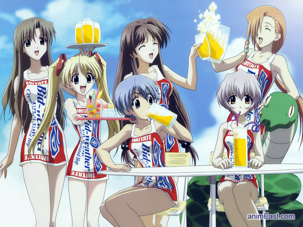 gokajo satsuki, gokajou satsuki, ichimonji mutsuki, ninomai kisaragi, sanzein yayoi, sanzen'in yayoi, shitenno uzuki, yazakura hazuki, budweiser, happy lesson, 00s, 6+girls, alcohol, beer, brand name imitation, chair, dress, drinking, english text, engrish text, everyone, froth, multiple girls, on chair, ranguage, sitting, smile