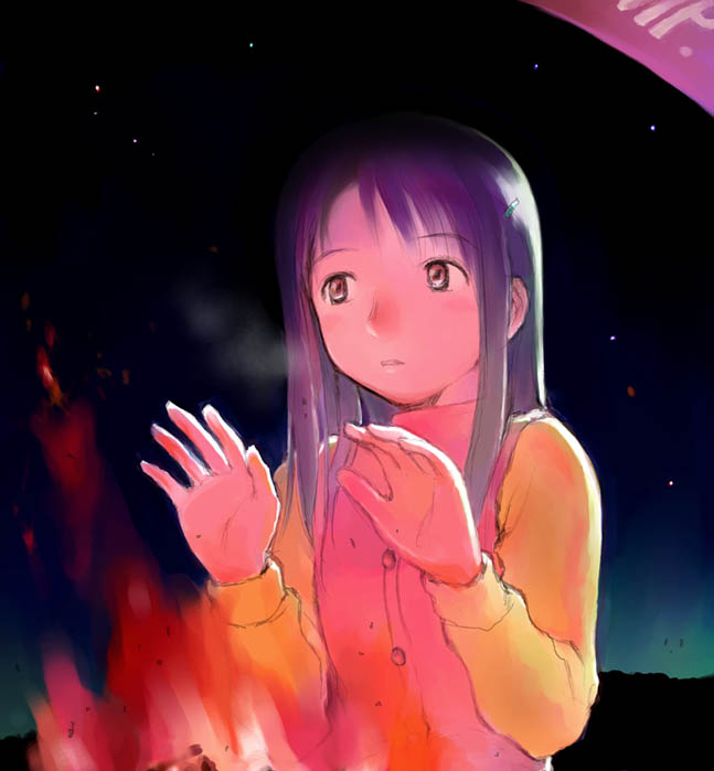 yoshizuki kumichi, 1girl, female focus, fire, long hair, long sleeves, night, outdoors, solo, star (sky), star (symbol)