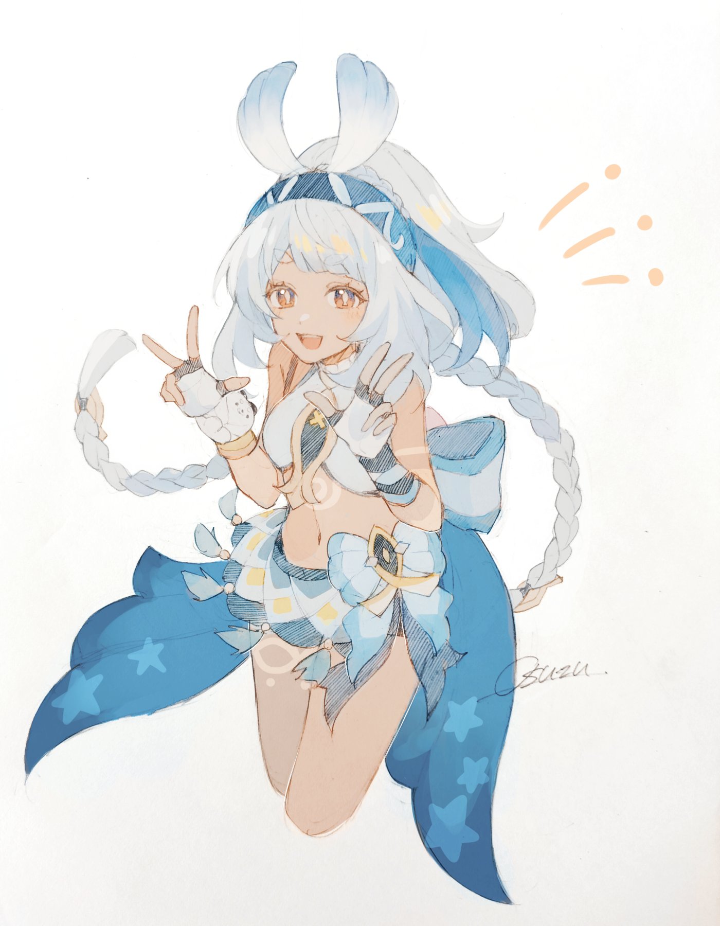 osuzu0613, mualani (genshin impact), genshin impact, highres, 1girl, blue hairband, blue skirt, braid, breasts, cowboy shot, crop top, cropped legs, dark-skinned female, dark skin, double w, fingerless gloves, gloves, hairband, long hair, looking at viewer, medium breasts, navel, open mouth, simple background, skirt, smile, solo, stomach, symbol-shaped pupils, tan, tanline, teeth, twin braids, upper teeth only, w, white background, white gloves, white hair