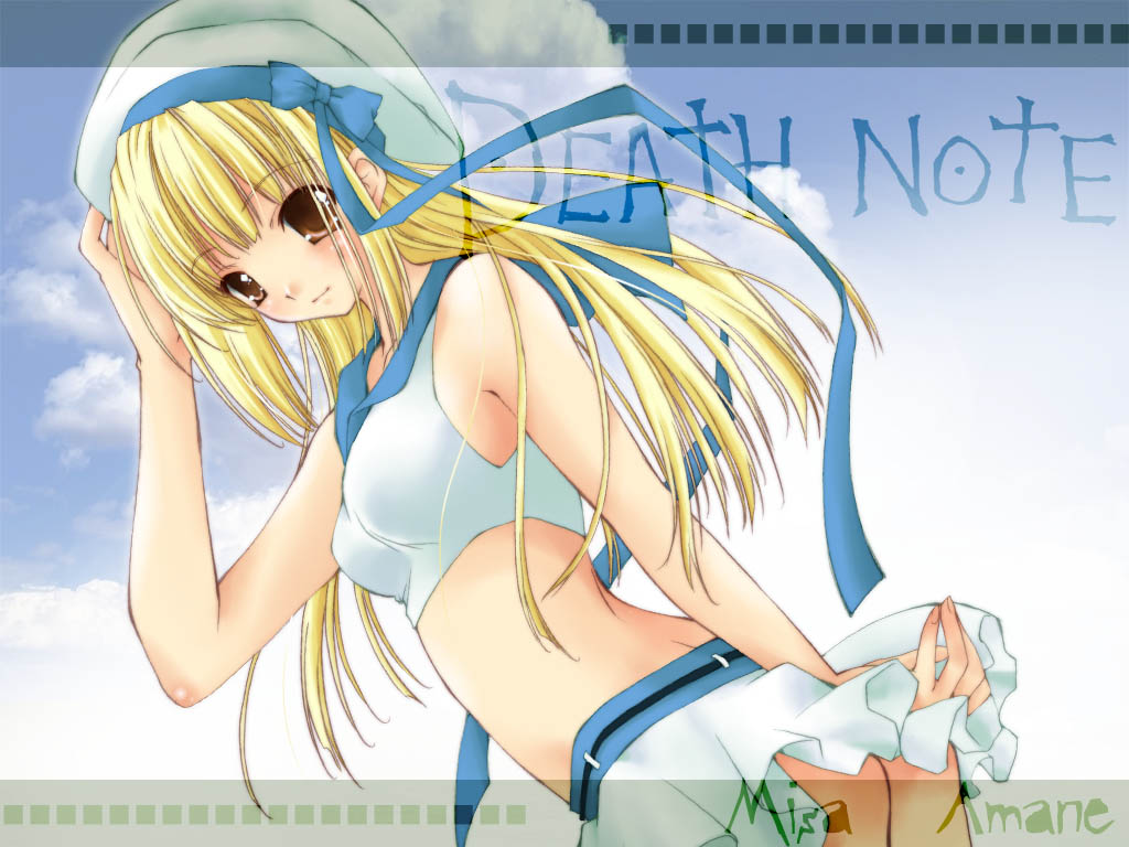 amane misa, death note, 00s, ass, blonde hair, brown eyes, hat, long hair, midriff, skirt, solo, white hat