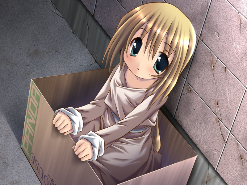 last story wa anata e, 1girl, blonde hair, box, cardboard, cardboard box, dress, female focus, for adoption, green eyes, in box, in container, long hair, solo
