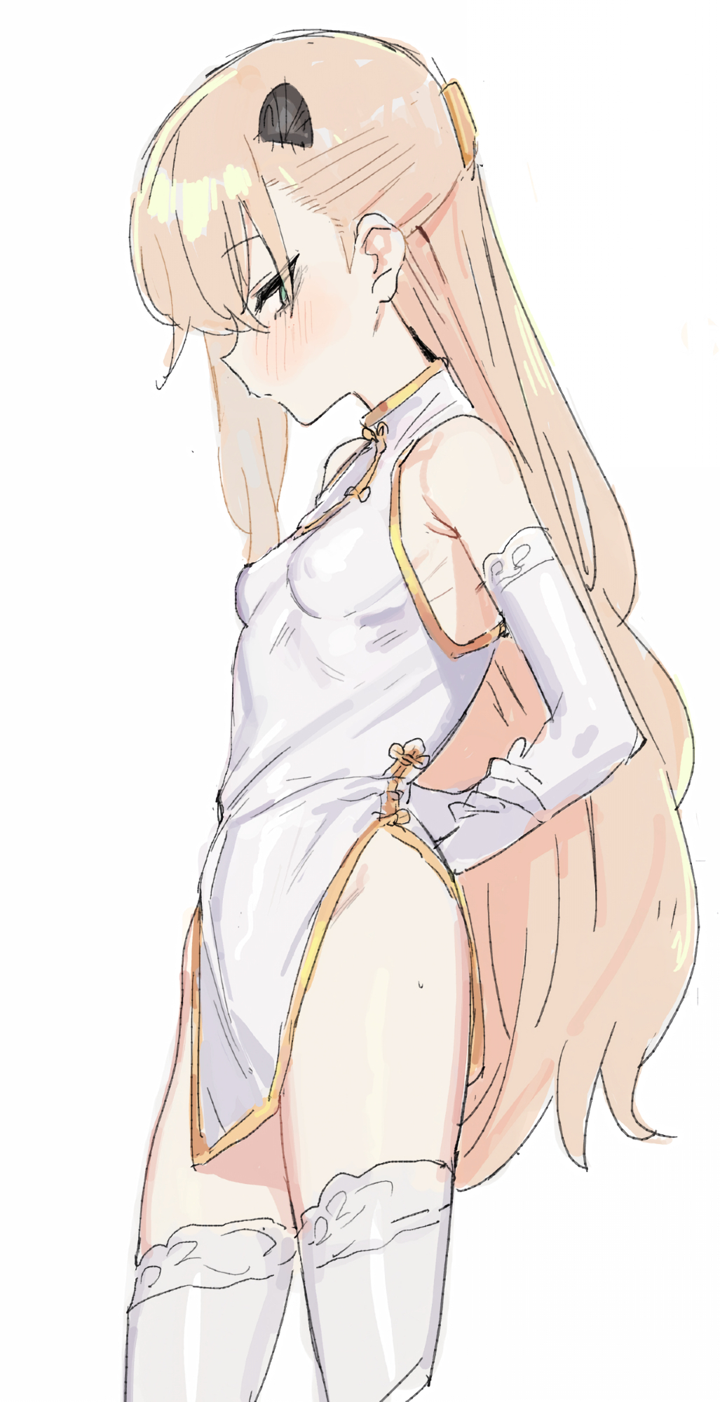 suisogenshi, original, highres, 1girl, bare shoulders, blonde hair, blush, breasts, china dress, chinese clothes, dress, elbow gloves, gloves, long hair, miniskirt, pelvic curtain, petite, side slit, sideways glance, skirt, sleeveless, sleeveless dress, small breasts, solo, sweat, thighhighs, thighs, turtleneck, white background