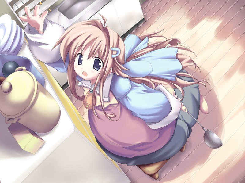 fue (tsuzuku), hiiragi hinata, hinatabokko, game cg, 1girl, blue eyes, cooking, female focus, hair ornament, hairclip, hinata bokko, ladle, long hair, pink hair, reaching, solo, stool