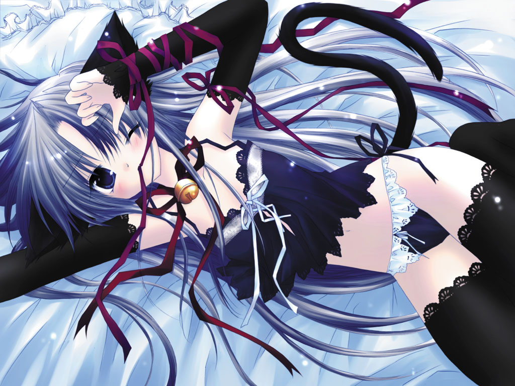 sakurazawa izumi, tobari (pure pure), pure pure, lace-trimmed legwear, 1girl, animal ears, bed, bell, black panties, black thighhighs, bow, bow panties, camisole, cat ears, cat girl, cat tail, detached sleeves, elbow gloves, frilled panties, frills, gloves, jingle bell, lace, lace-trimmed panties, lace trim, lingerie, midriff, neck bell, one eye closed, panties, raspberry dream, ribbon, solo, tail, thighhighs, underwear, wink