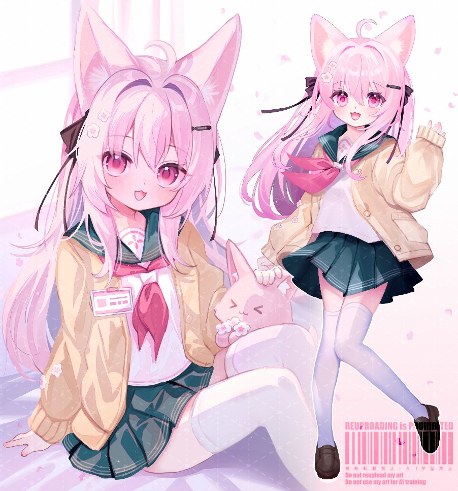 d omm, original, commentary, commission, english commentary, skeb commission, 1girl, :3, ahoge, animal ears, barcode, black ribbon, blush, brown shoes, cardigan, cat ears, cat girl, flower, green sailor collar, green skirt, hair flower, hair intakes, hair ornament, hair ribbon, hairclip, long hair, long sleeves, looking at viewer, miniskirt, multiple views, neckerchief, open mouth, pink eyes, pink hair, pink neckerchief, pleated skirt, ribbon, sailor collar, sailor shirt, school uniform, serafuku, shirt, shoes, sitting, skirt, thighhighs, white shirt, white thighhighs, yellow cardigan