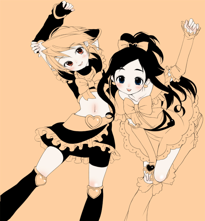inuburo, cure black, cure white, misumi nagisa, yukishiro honoka, futari wa precure, precure, toei company, black footwear, 00s, 2girls, blue eyes, blush, boots, brown eyes, earrings, elbow gloves, flat chest, gloves, half updo, jewelry, knee boots, lips, long hair, magical girl, midriff, monochrome, multiple girls, orange background, orange theme, sepia, short hair, thighhighs